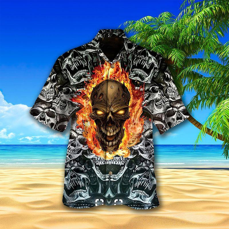 Motorcycle Aloha Hawaiian Shirts For Summer, White Skull Flaming Pattern Horror Style Hawaiian Set For Men Women, Gift For Racing Motorcycle Lovers - Image 2