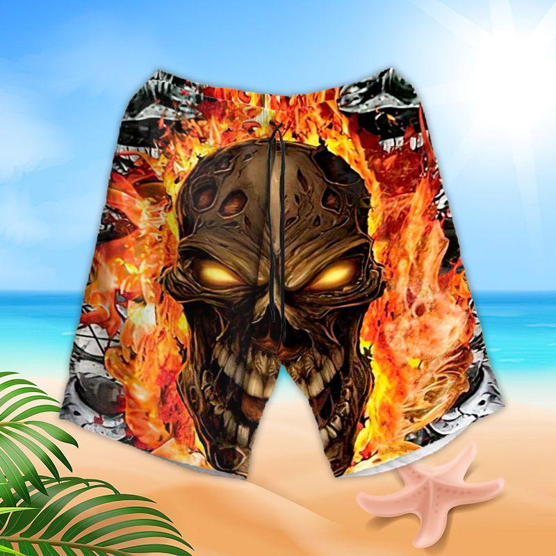 Motorcycle Aloha Hawaiian Shirts For Summer, White Skull Flaming Pattern Horror Style Hawaiian Set For Men Women, Gift For Racing Motorcycle Lovers - Image 3