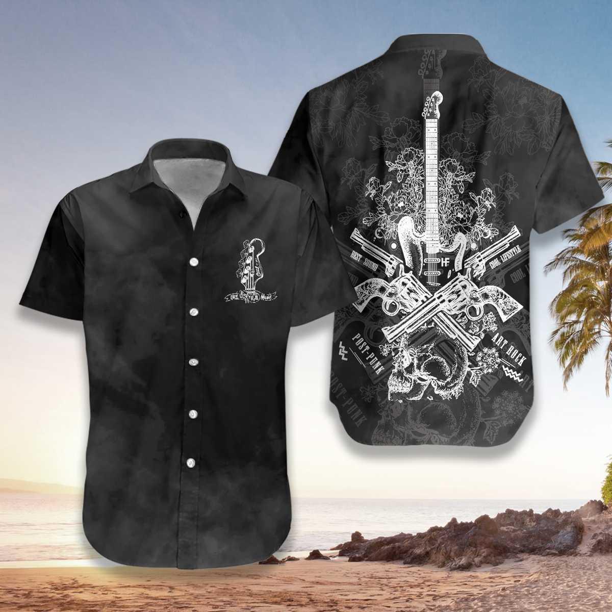 Music Hawaiian Shirt - Live Rock And Roll Black And Smoke Guitar Hawaiian Shirt, Colorful Summer Aloha Shirt - Perfect Gift For Friend, Family
