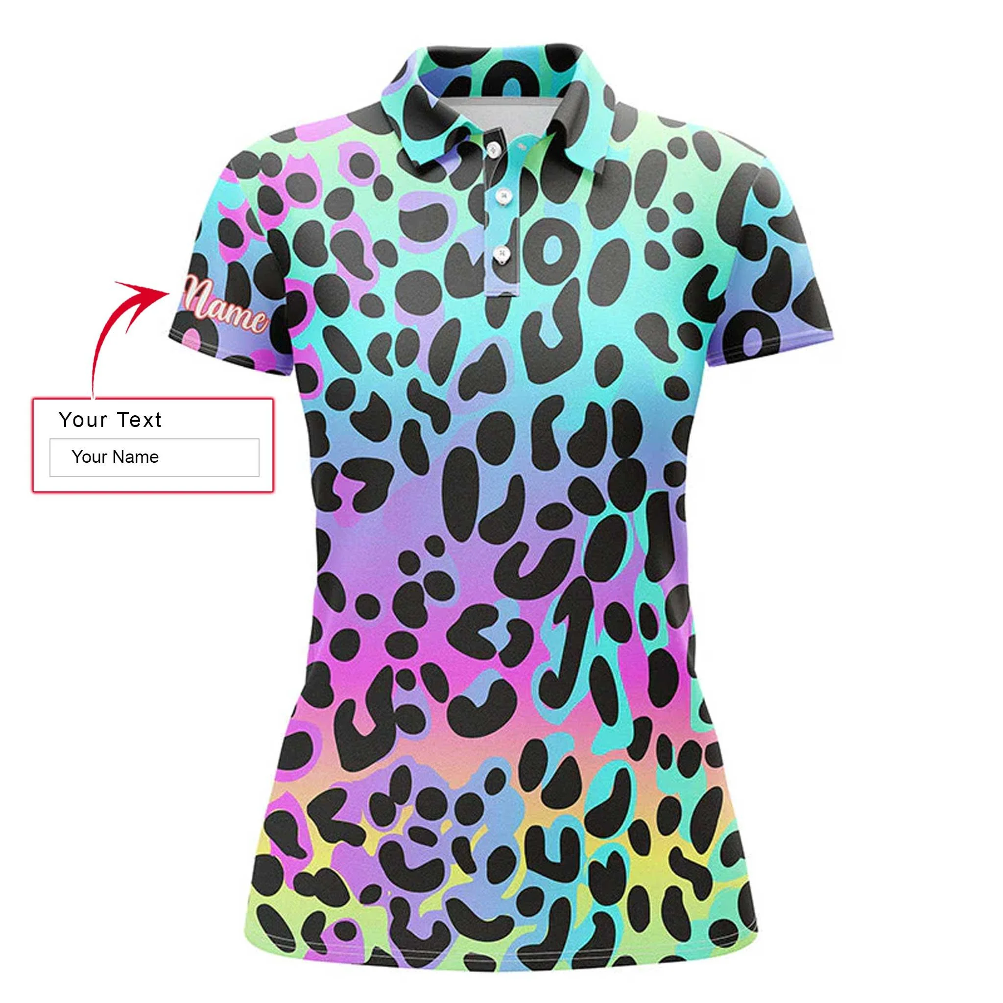 Neon Rainbow Leopard Custom Name Women Polo Shirt, Colorful Background Personalized Women Polo Shirts, Gift For Female, Ladies, Girls