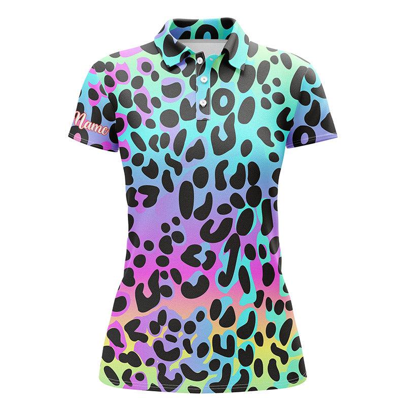 Neon Rainbow Leopard Custom Name Women Polo Shirt, Colorful Background Personalized Women Polo Shirts, Gift For Female, Ladies, Girls - Image 2