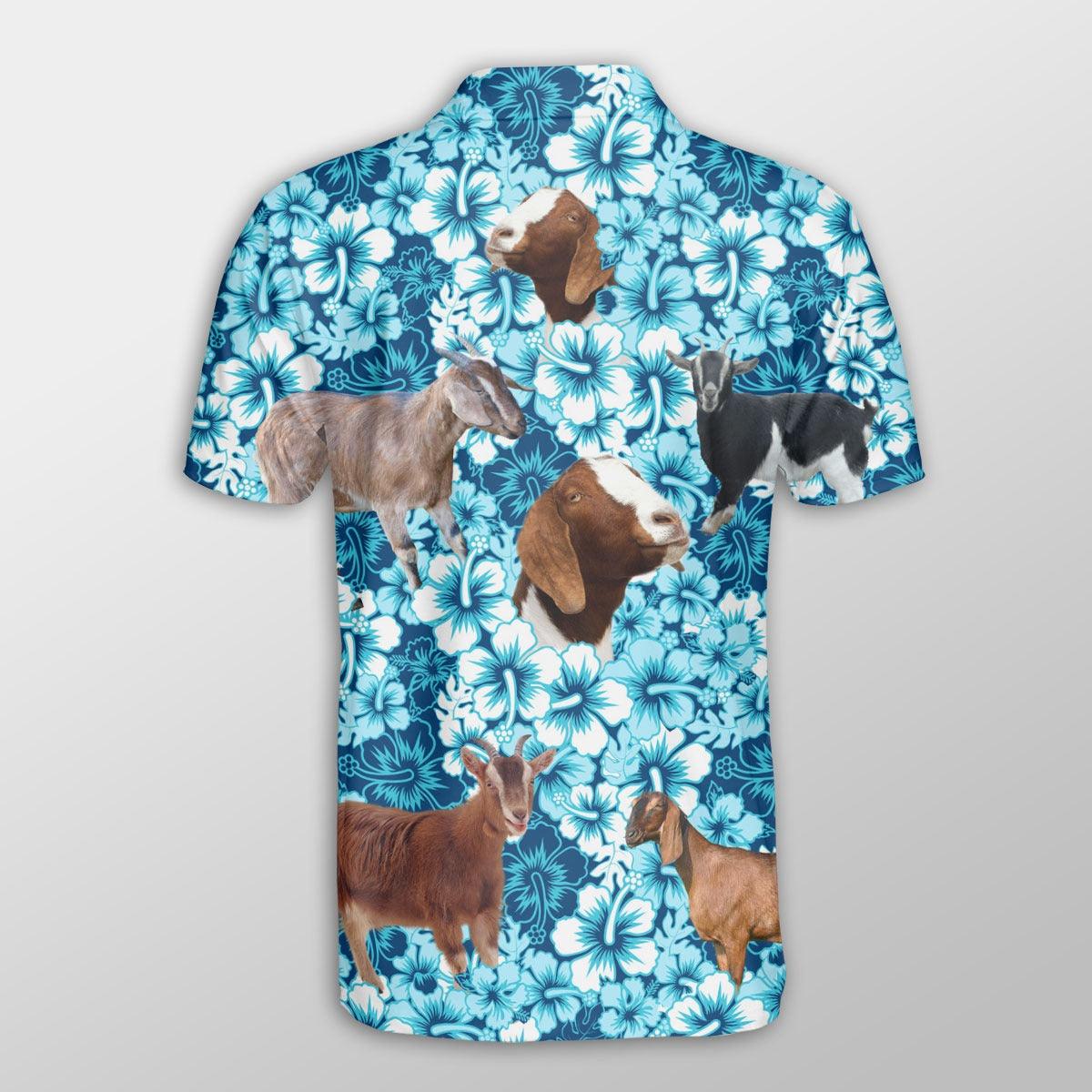 Nubian Goat Men Polo Shirts For Summer - Nubian Goat Blue Hibiscus Pattern Button Shirts For Men - Perfect Gift For Nubian Goat Lovers, Cattle Lovers - Image 2