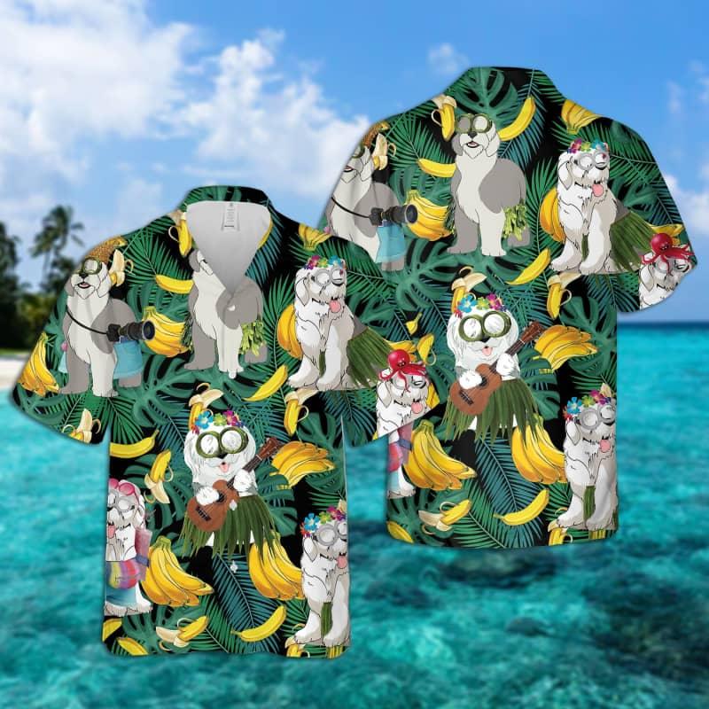 Old English Sheepdog Hawaiian Shirt, Tropical Summer Leaves Aloha Shirt For Men - Perfect Gift For Old English Sheepdog Lovers, Friend, Family