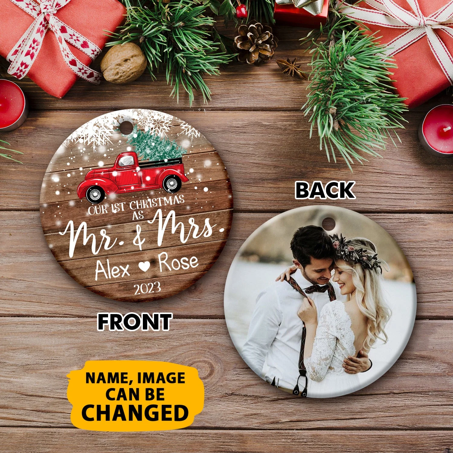 Our 1st Christmas Ornaments Customized Name And Photo Double Sided Printed Ceramic Circle Ornament For New Married Couple - Image 3