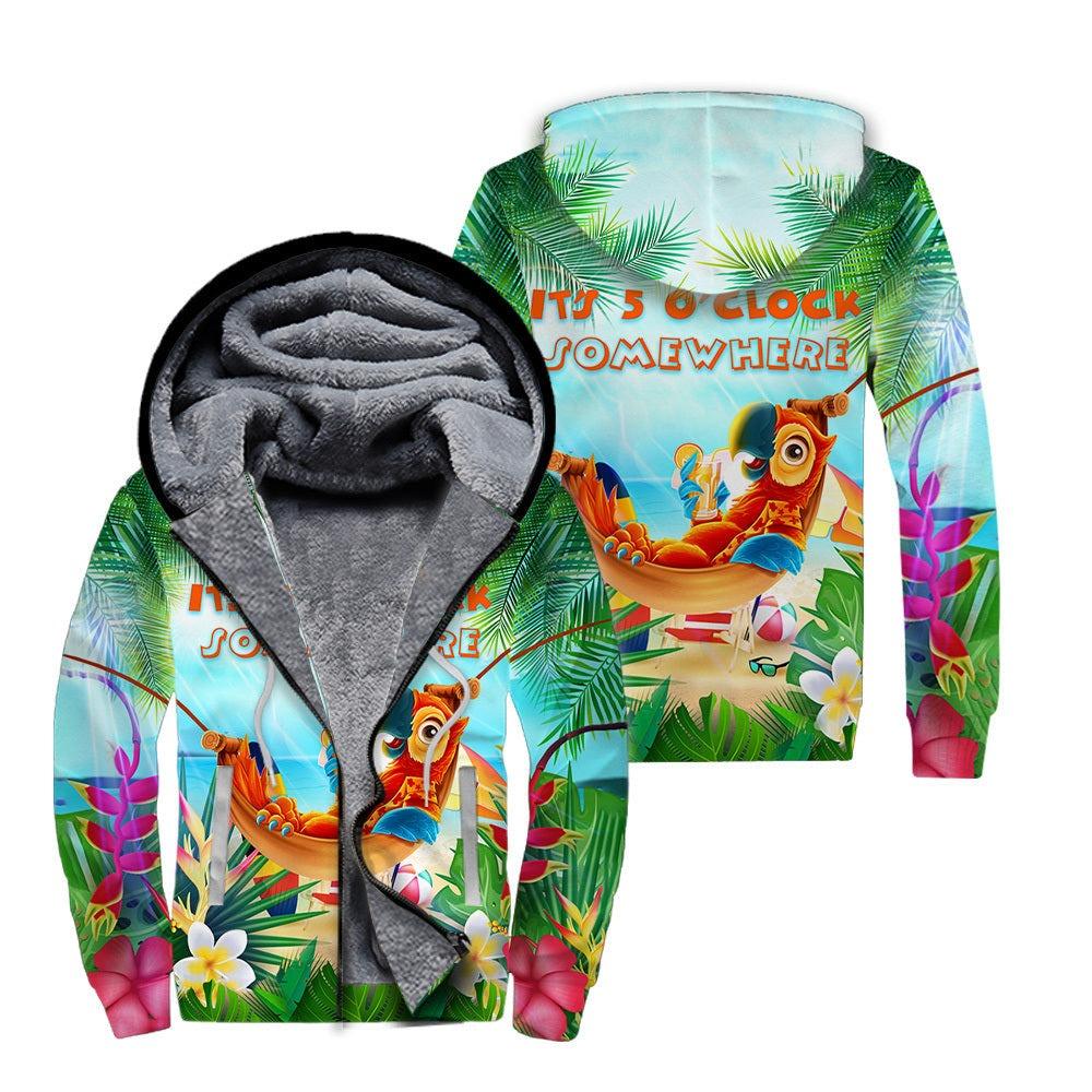 Parrot Alola Fleece Zip Hoodie, Tropical Flowers Hoodie, Parrot It’s Five O’clock Somewhere Parrots Fleece Zip Hoodie For Men & Women, Parrot Lover