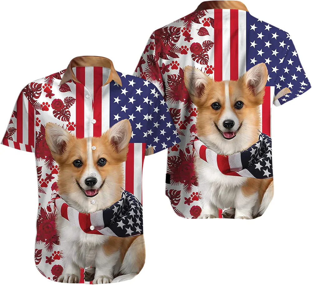 Pembroke Welsh Corgi Aloha Hawaiian Shirts For Summer, 4th of July Independence Day USA Flag America's Day Hawaiian Shirt For Men Women, Dog Lovers