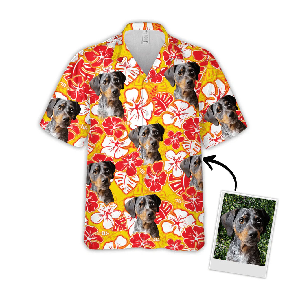 Persionalized Hawaiian Shirts With Pet Face - Leaves Flowers Pattern Yellow Color Aloha Shirts - Personalized Dog Face Hawaiian Shirts For Men Women - Image 3