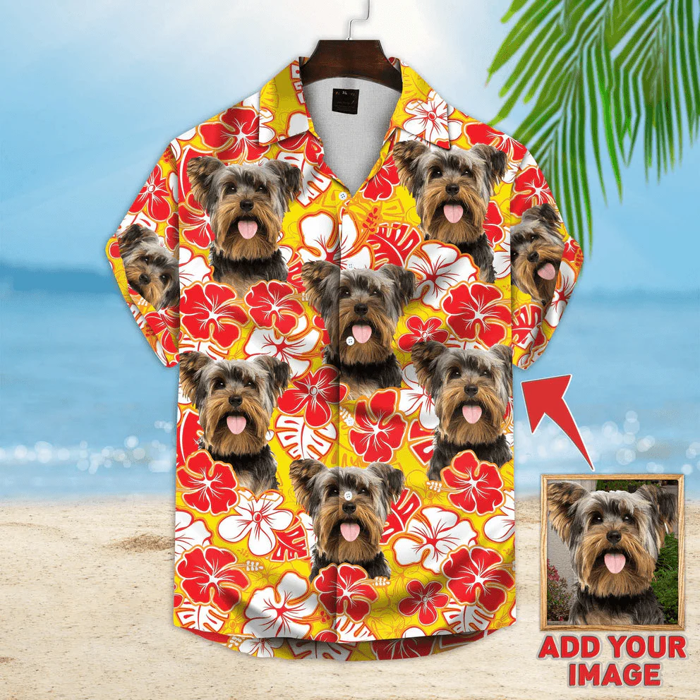 Persionalized Hawaiian Shirts With Pet Face - Leaves Flowers Pattern Yellow Color Aloha Shirts - Personalized Dog Face Hawaiian Shirts For Men Women - Image 4