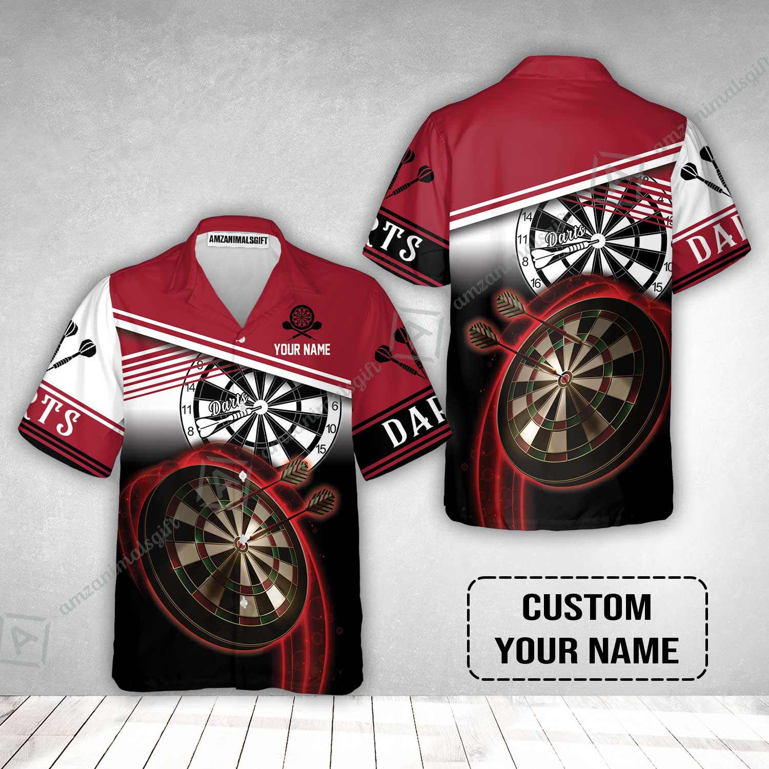 Personalised Darts Hawaiian Shirt, Darts Red Black & White Background Custom Name Hawaiian Shirt - Image 2