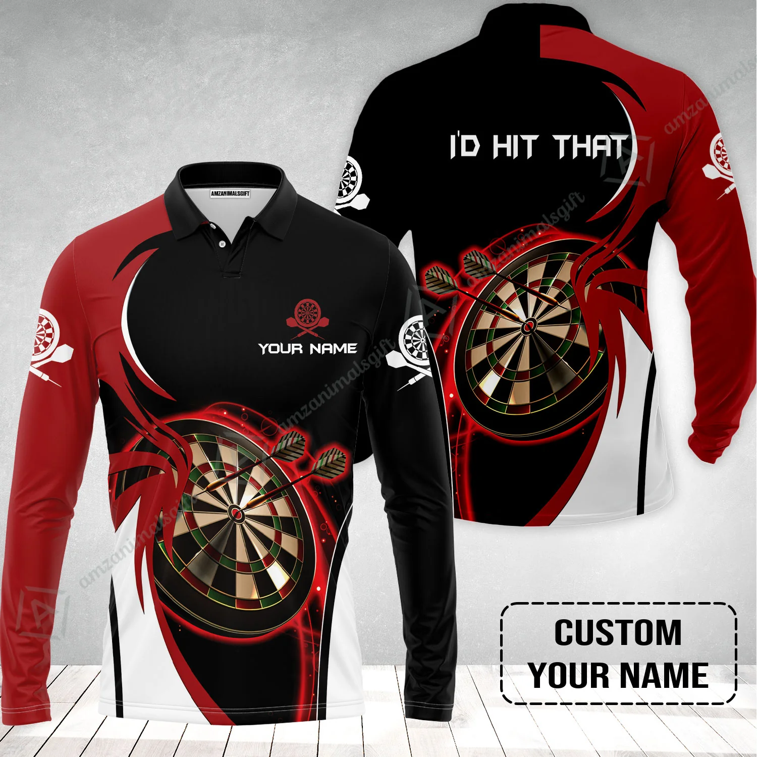 Personalised Darts Long Polo Shirt, I'D Hit That Darts Red Black Background Custom Name Long Polo Shirt - Image 2