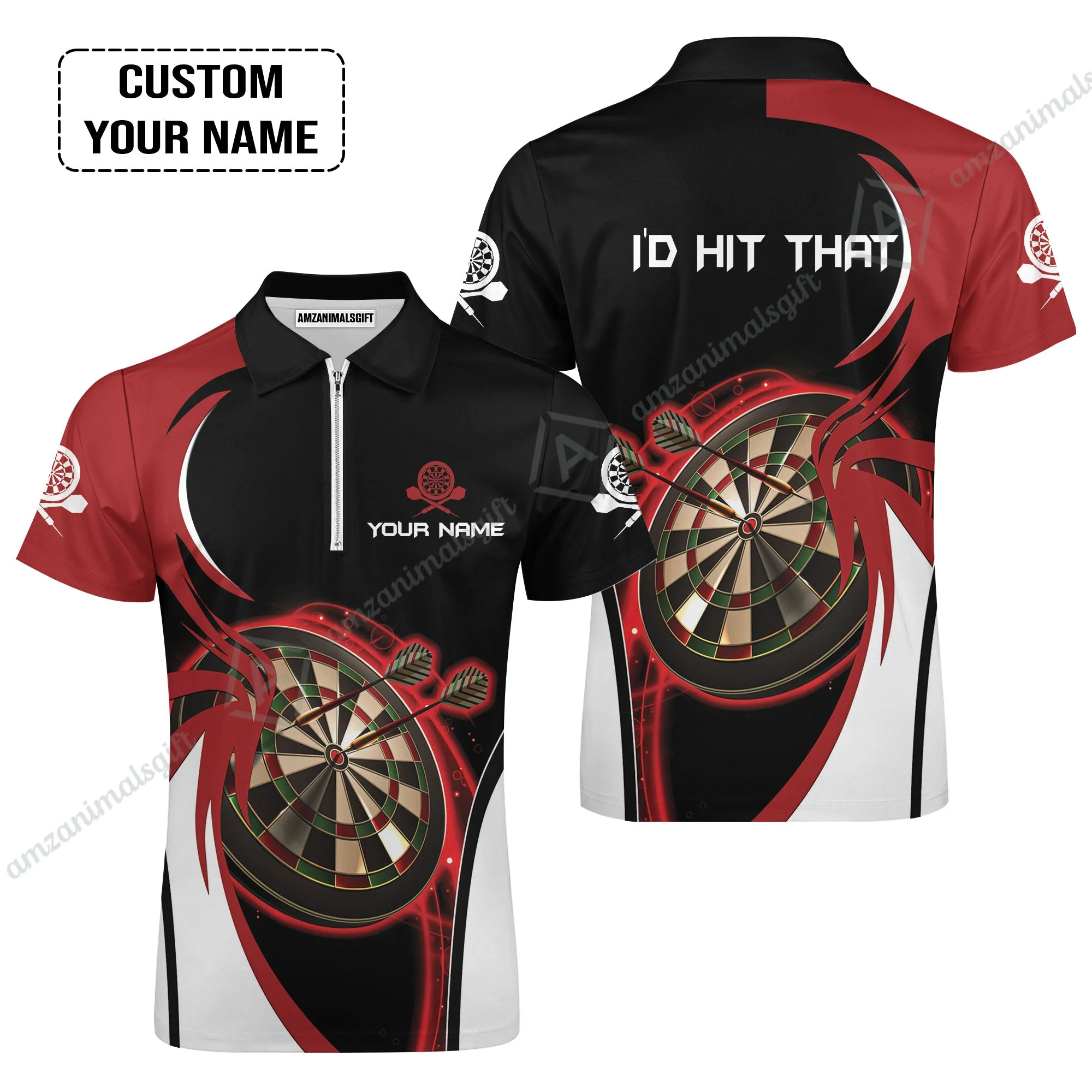 Personalised Darts Long Polo Shirt, I'D Hit That Darts Red Black Background Custom Name Long Polo Shirt - Image 4