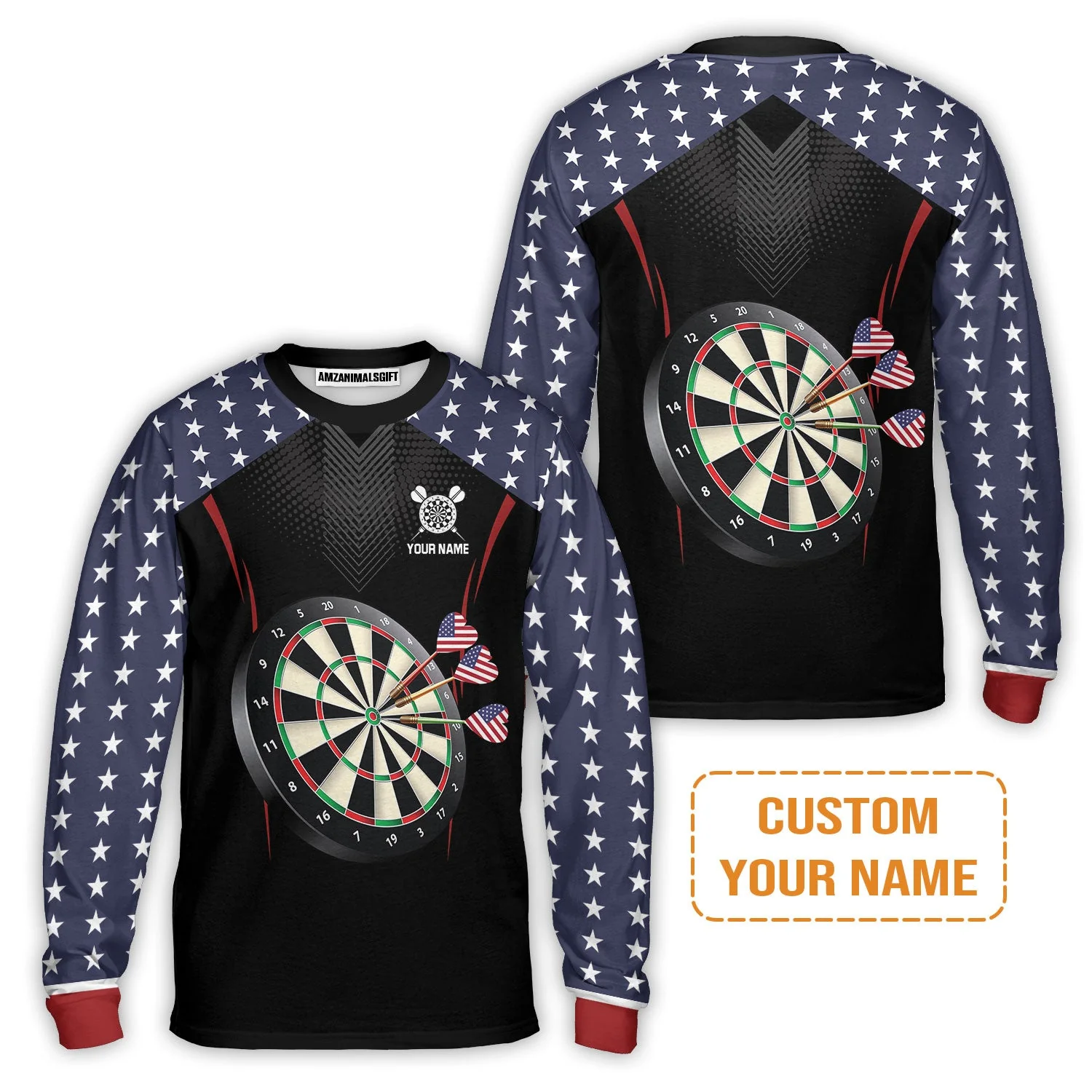 Personalised Darts Men's Long Sleeve Polo Shirt, Darts American Flag Black Background Custom Name Men's Long Sleeve Polo Shirt - Perfect Gift For Men, Darts Player, Darts Lover - Image 5