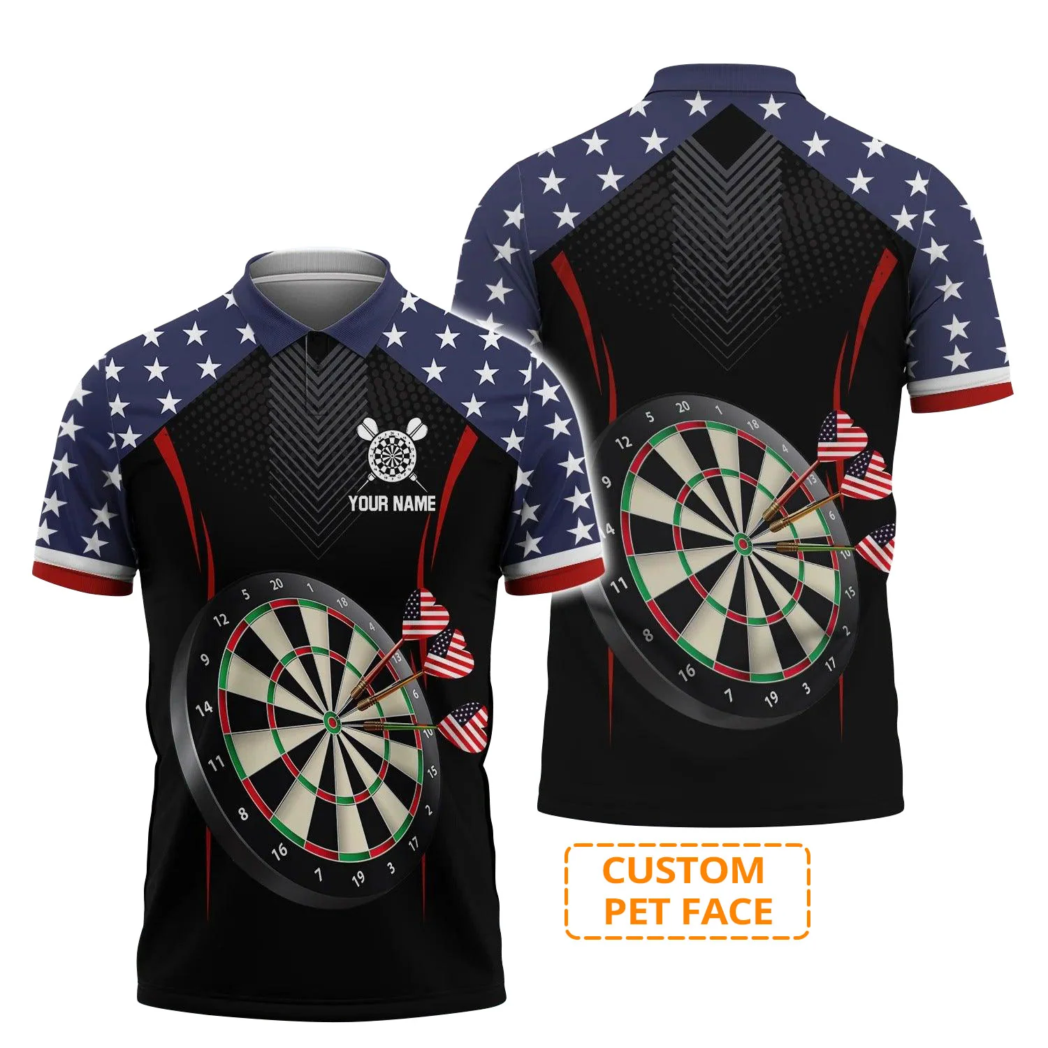 Personalised Darts Polo Shirts, Darts American Flag Black Background Custom Name Men Polo Shirts - Perfect Gift For Men, Darts Player, Darts Lover - Image 2