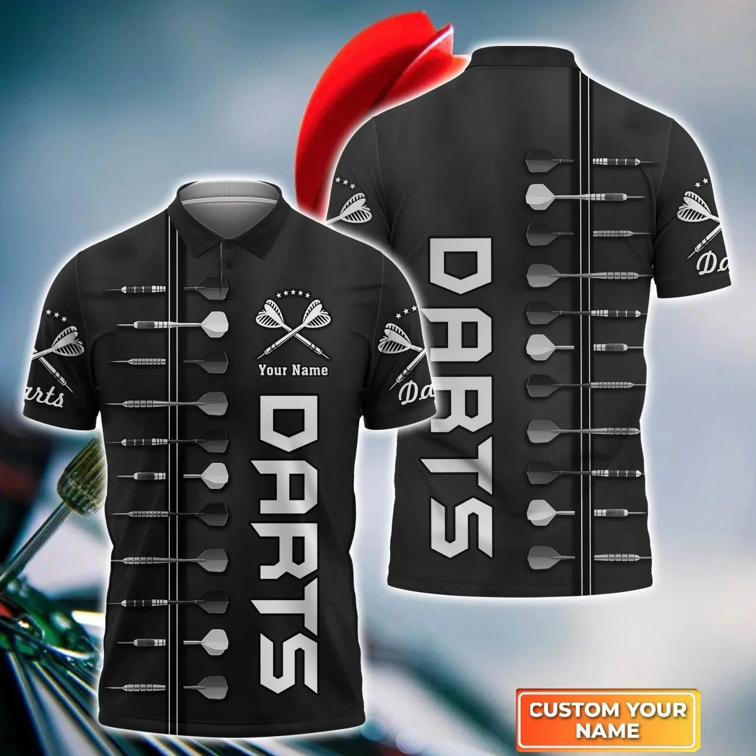 Personalised Darts Polo Shirts, Darts On Black Background Custom Name Men Polo Shirt - Perfect Gift For Men, Darts Player, Dart Lovers