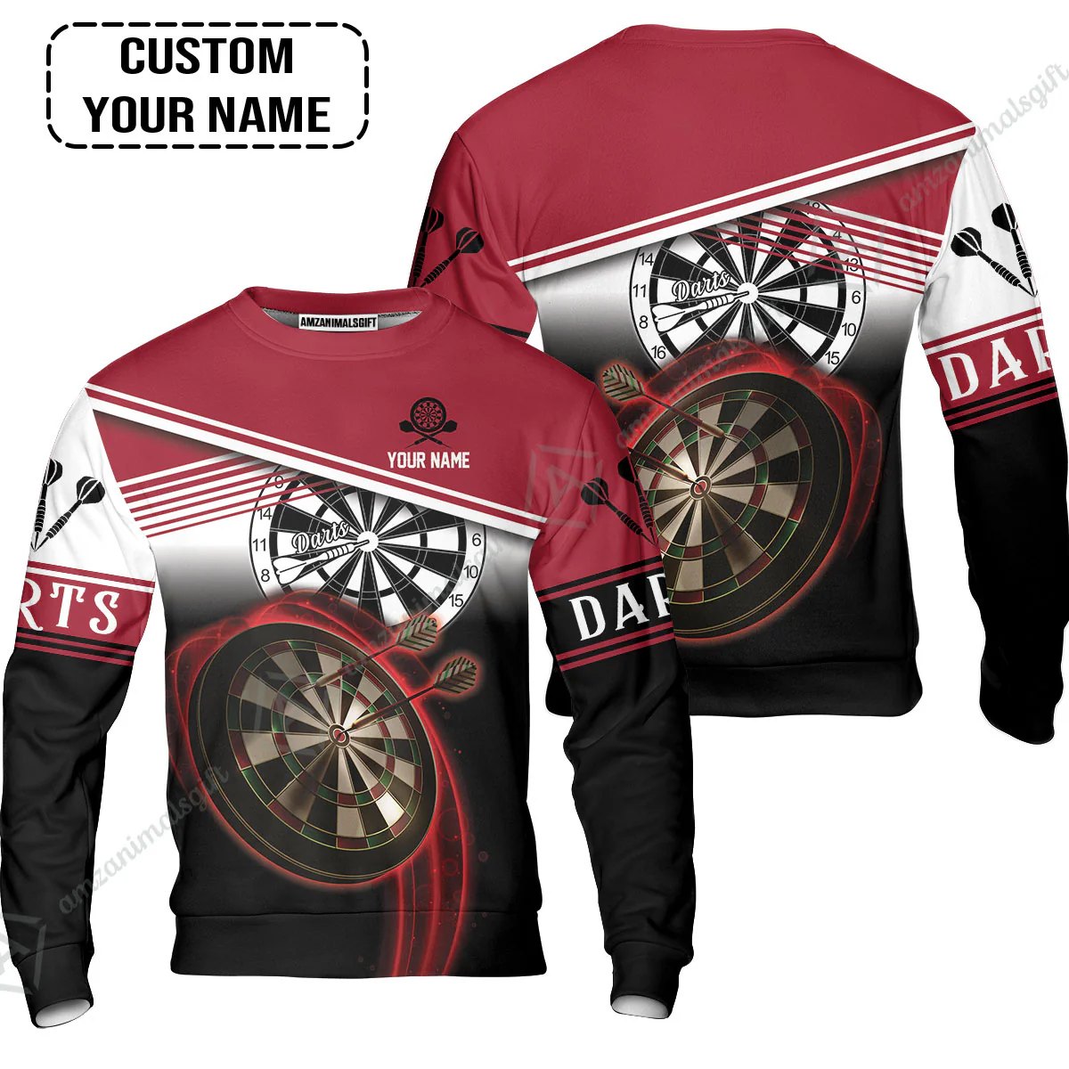 Personalised Darts Polo Shirts, Darts Red Black & White Background Custom Name Men Polo Shirts - Image 6