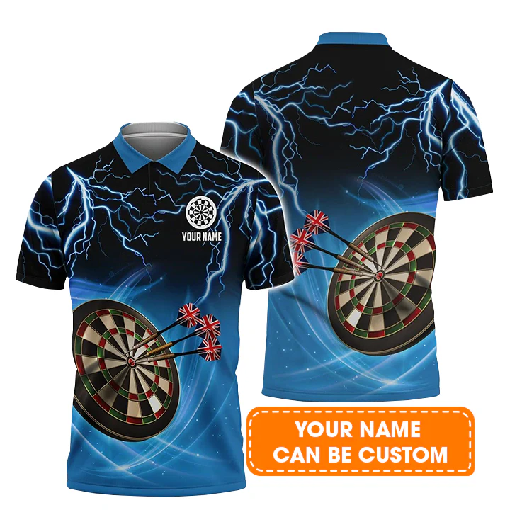 Personalised Darts Polo Shirts, Kingdom of England Darts Thunder Light Blue Custom Name Men Polo Shirt - Perfect Gift For Men, Darts Player - Image 2