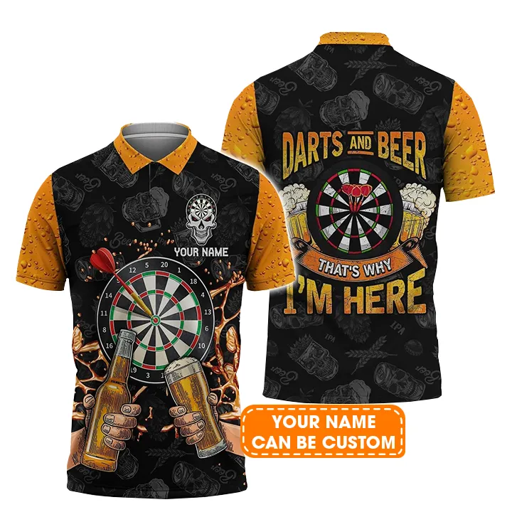 Personalised Darts Polo Shirts, Skull Darts And Beer That's Why I'm Here Custom Name Men Polo Shirt - Perfect Gift For Men, Darts Player, Darts Lover - Image 2