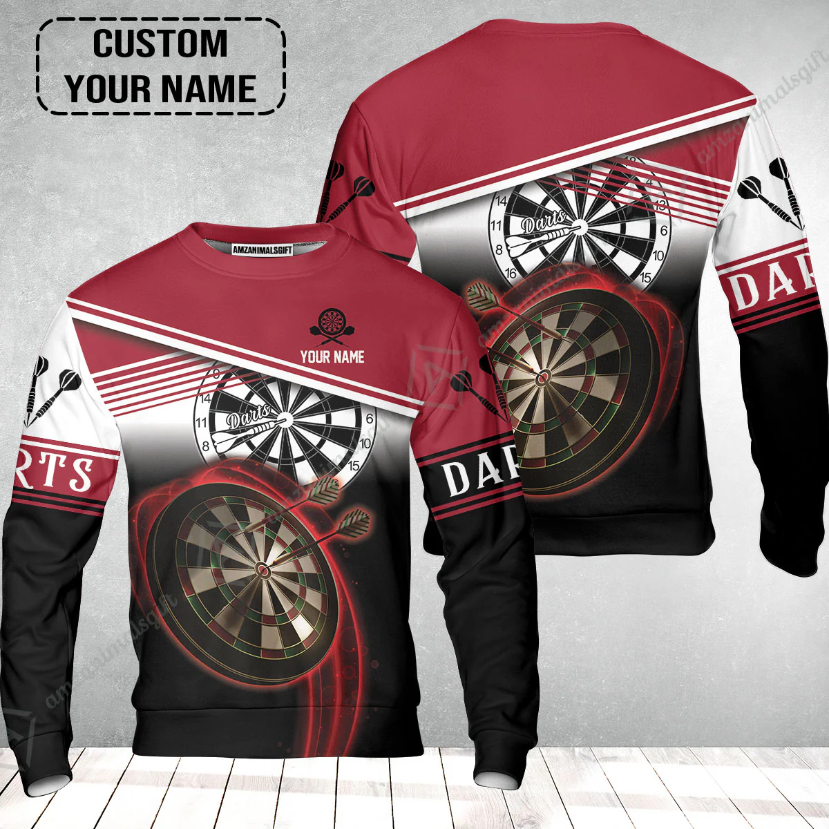 Personalised Darts Sweatshirt, Darts Red Black & White Background Custom Name Sweatshirt - Image 2