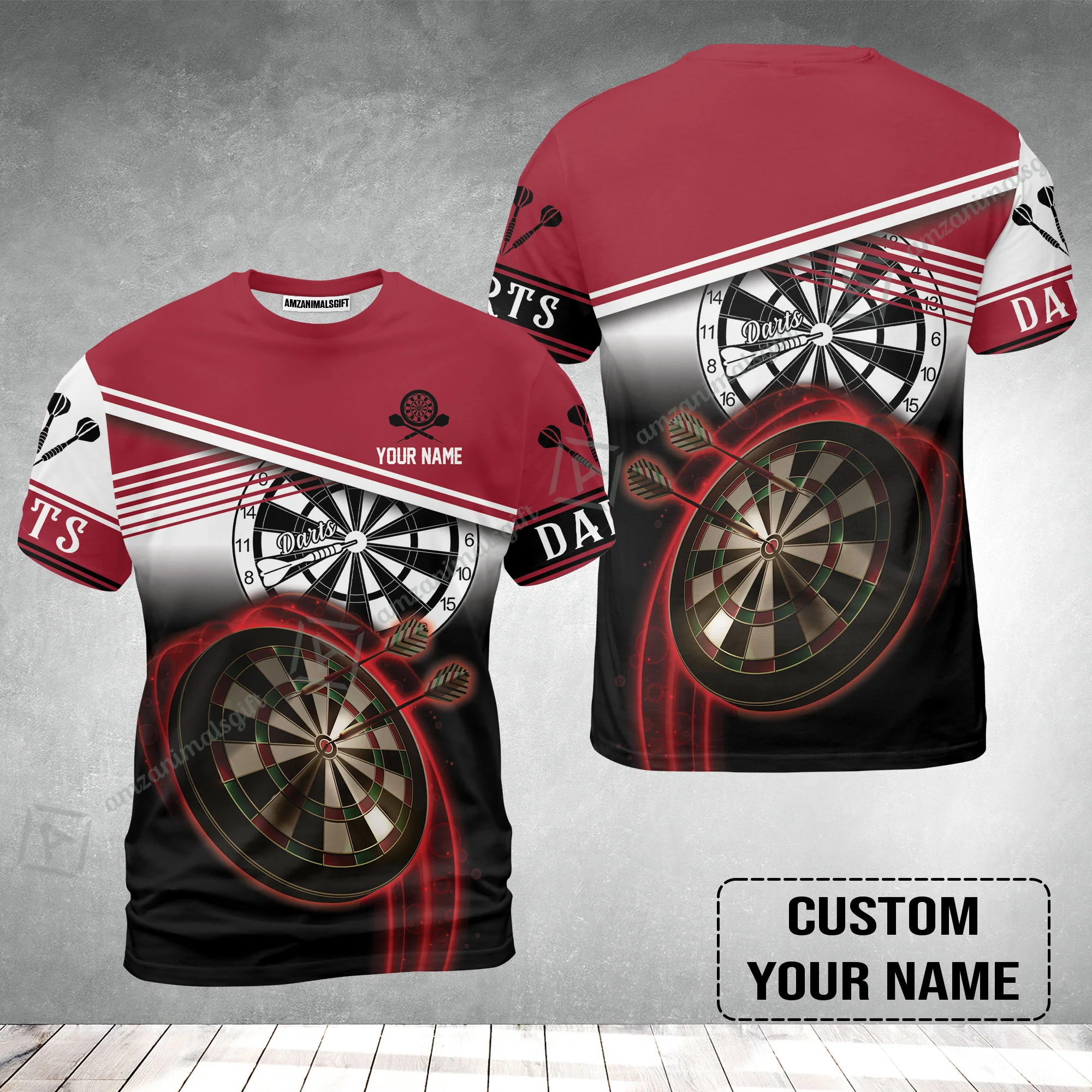 Personalised Darts T-Shirt, Darts Red Black & White Background Custom Name T-Shirt - Image 2
