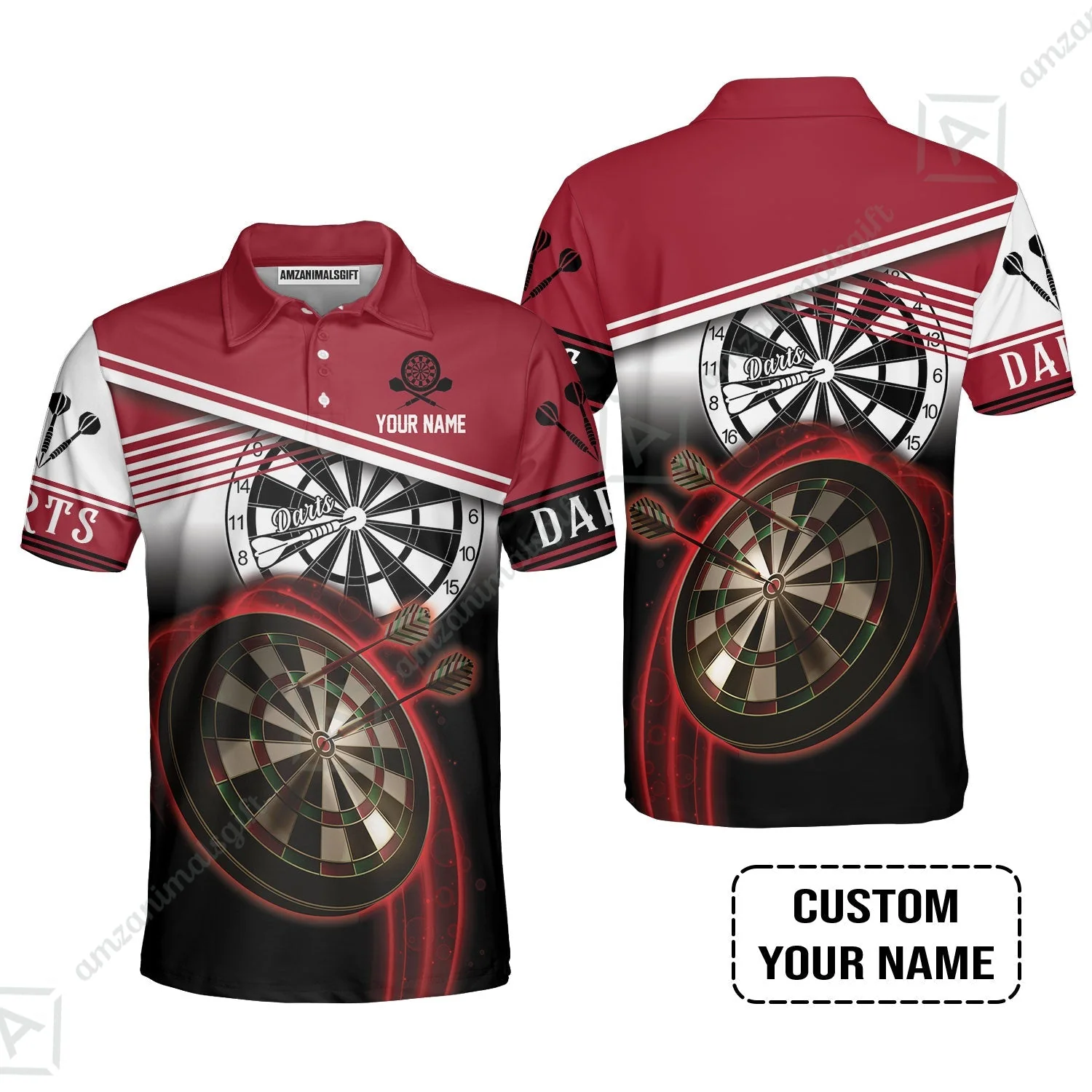 Personalised Darts Zip Polo Shirt, Darts Red Black & White Background Custom Name Zip Polo Shirt - Image 4