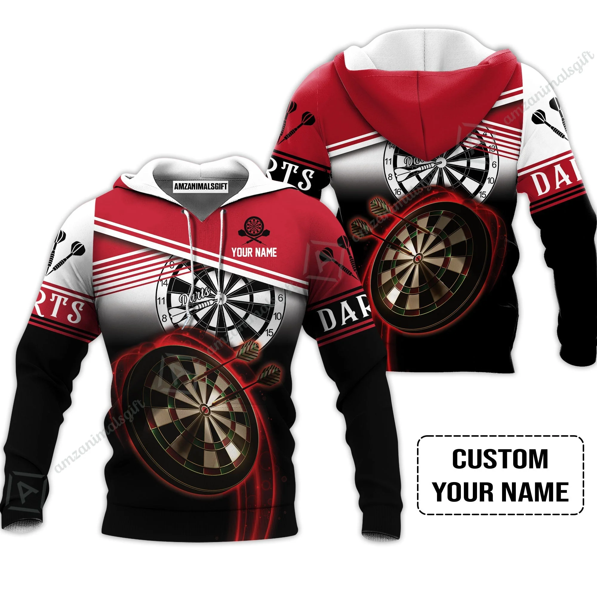 Personalised Darts Zip Polo Shirt, Darts Red Black & White Background Custom Name Zip Polo Shirt - Image 5
