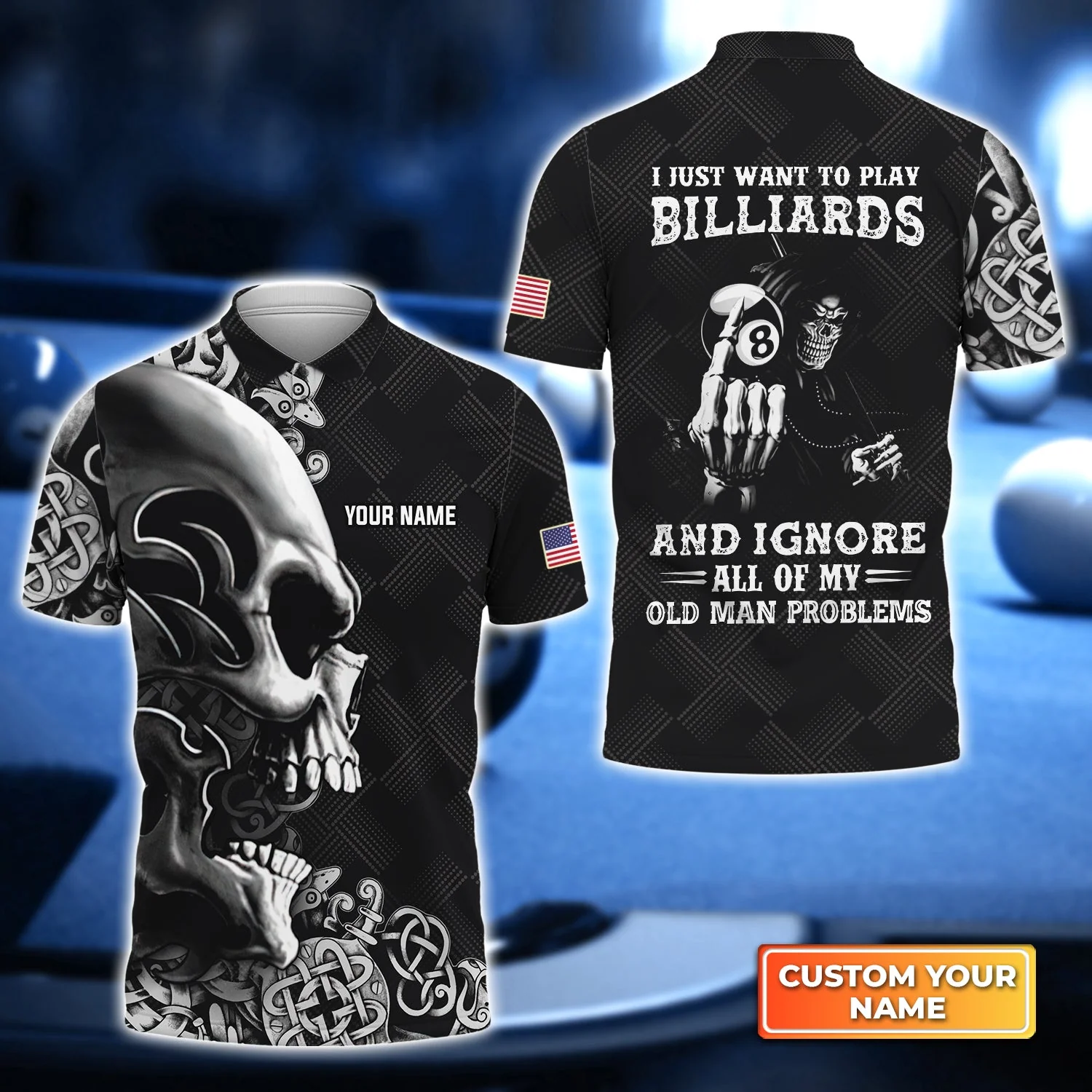Personalized Billiard Polo Shirt - Custom Name I Just Want To Play Billards Skull Polo Shirt - Billiard Polo Shirt For Billiard Lover - Image 2