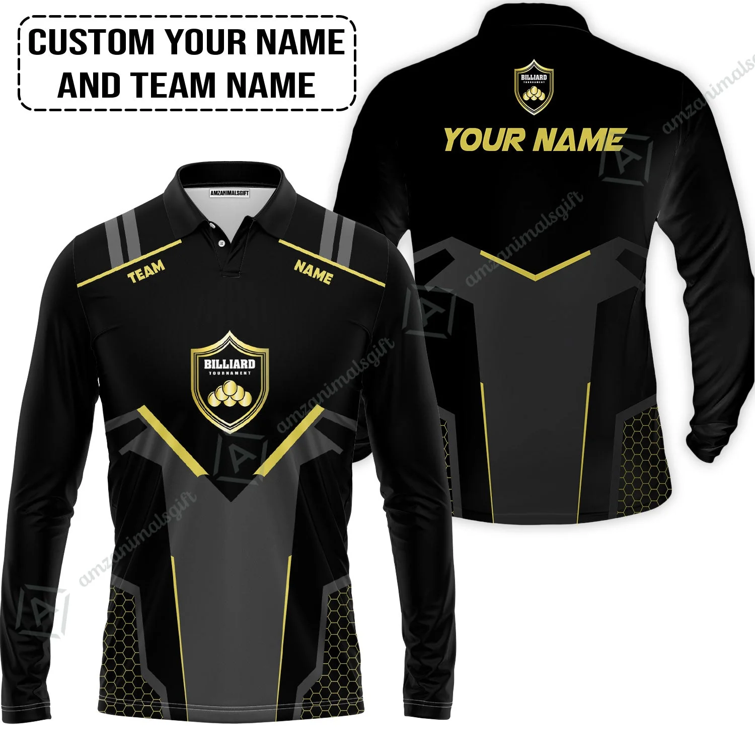 Personalized Billiards Long Polo Shirt, Golden Team Billiards Team Custom Shirt For Men