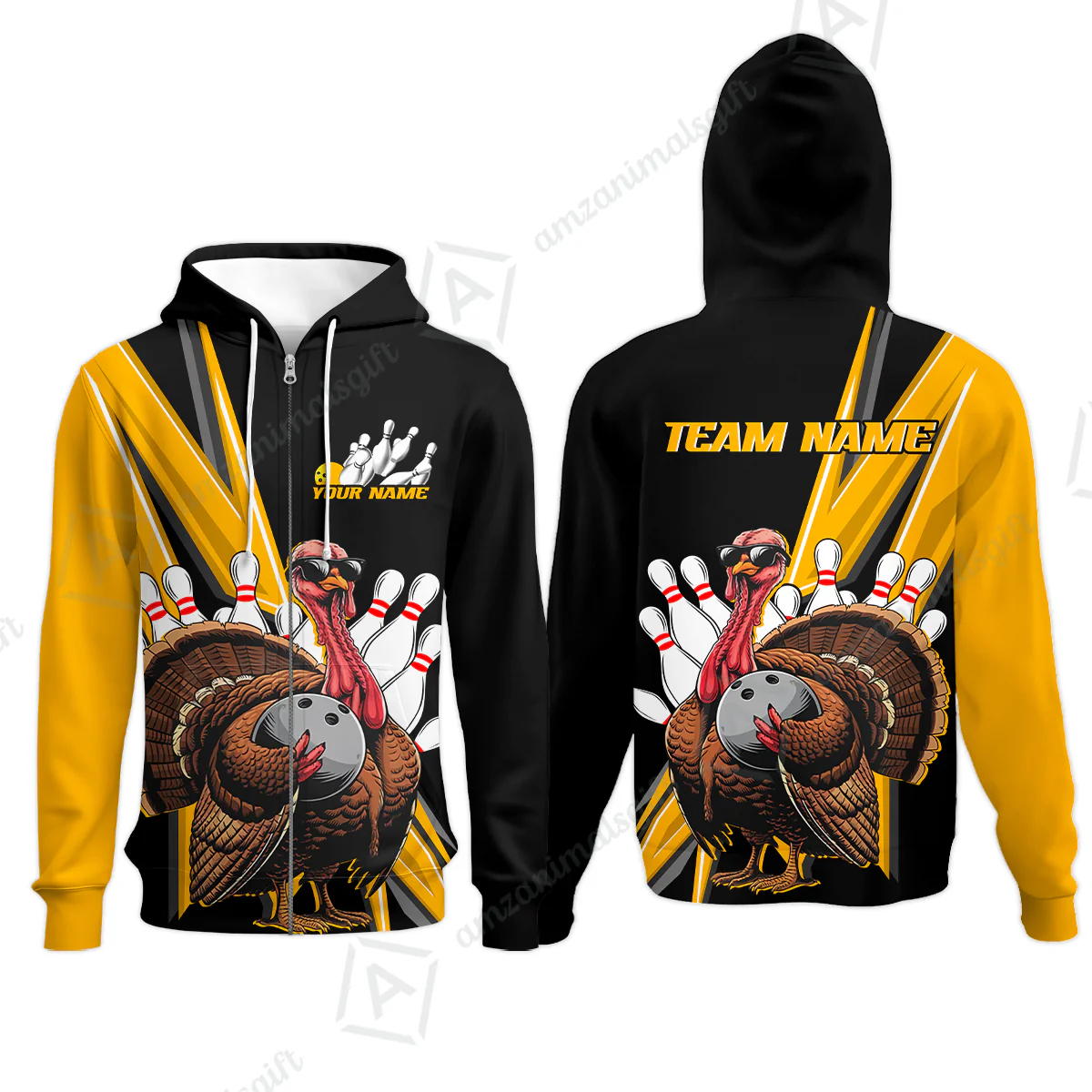 Personalized Black And Red Awesome Turkey Bowling Zip Hoodie, Thanksgiving Bowling Team Uniforms With Name, Team Name - Image 2