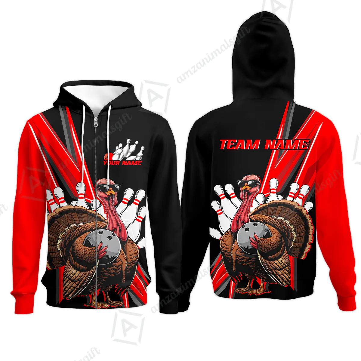 Personalized Black And Red Awesome Turkey Bowling Zip Hoodie, Thanksgiving Bowling Team Uniforms With Name, Team Name - Image 3