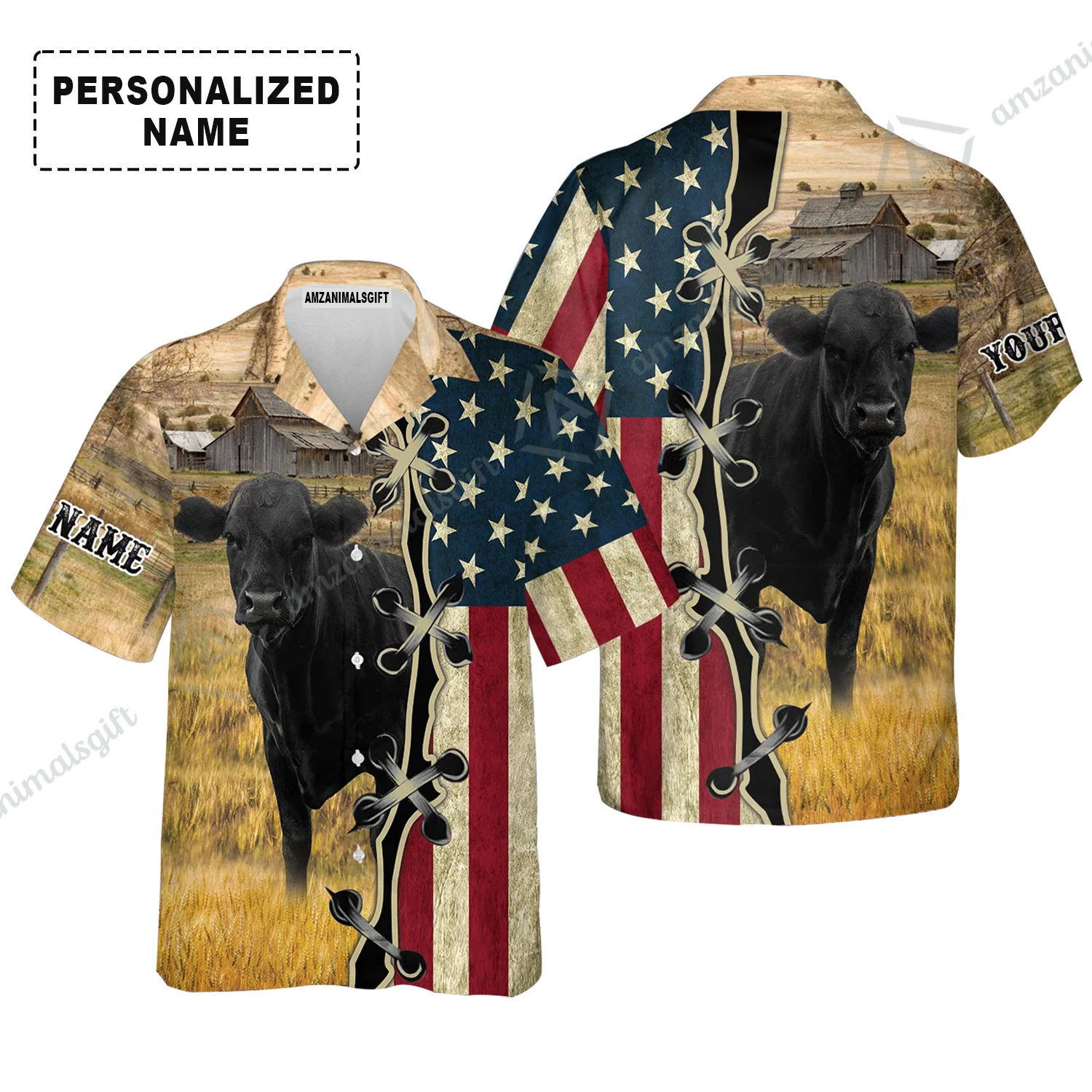 Personalized Black Angus Cattle American Flag Hawaiian Shirt, Farm Aloha Shirt For Friend, Family, Farmer, Black Angus Lovers - Image 2