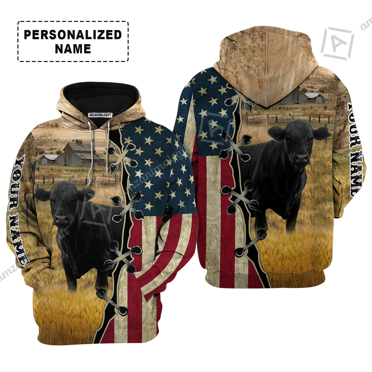 Personalized Black Angus Cattle American Flag Hawaiian Shirt, Farm Aloha Shirt For Friend, Family, Farmer, Black Angus Lovers - Image 3