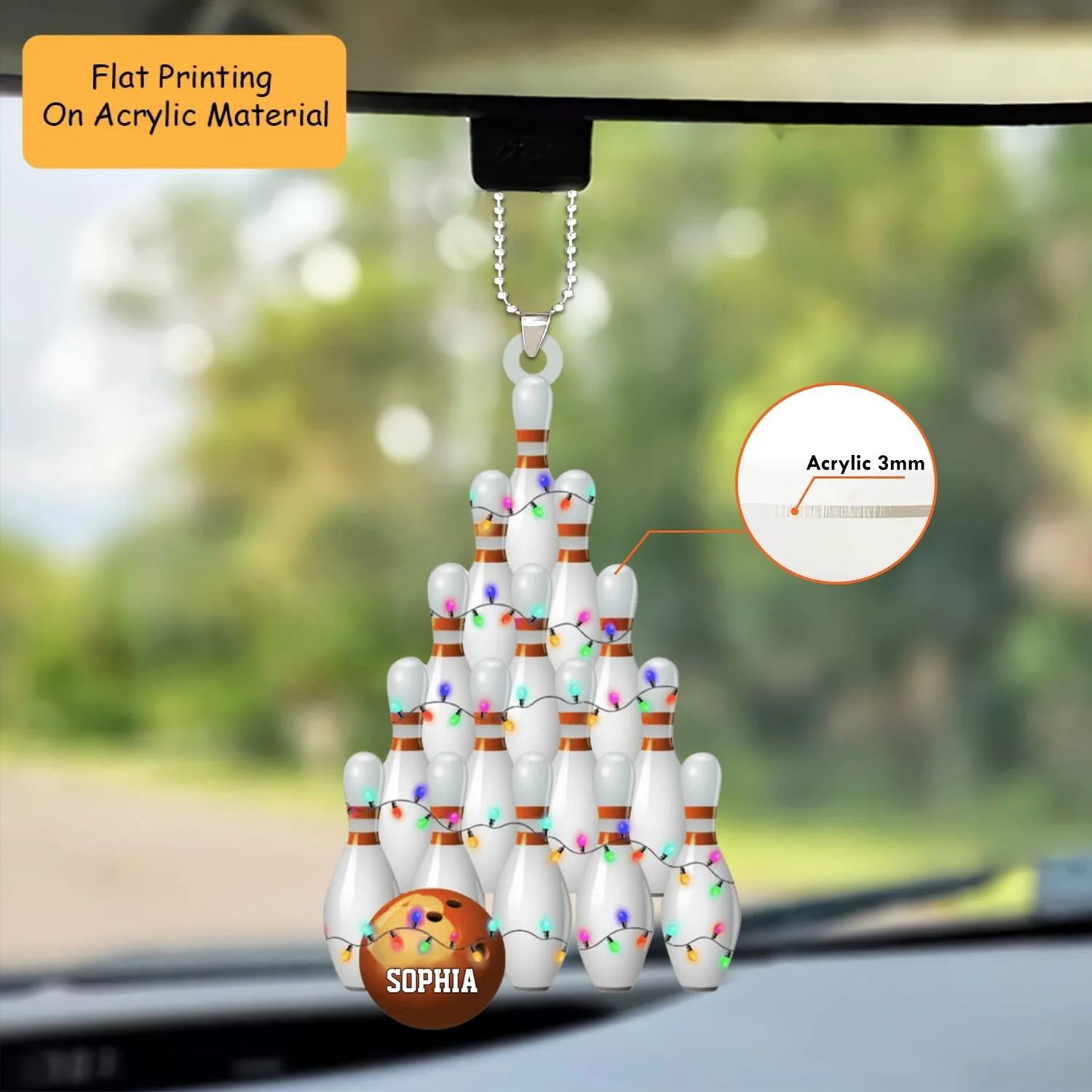 Personalized Bowling Ball Holding Pins Acrylic Ornament, Bowling Keychain, Car Ornament, Christmas Ornament Gifts - Image 2