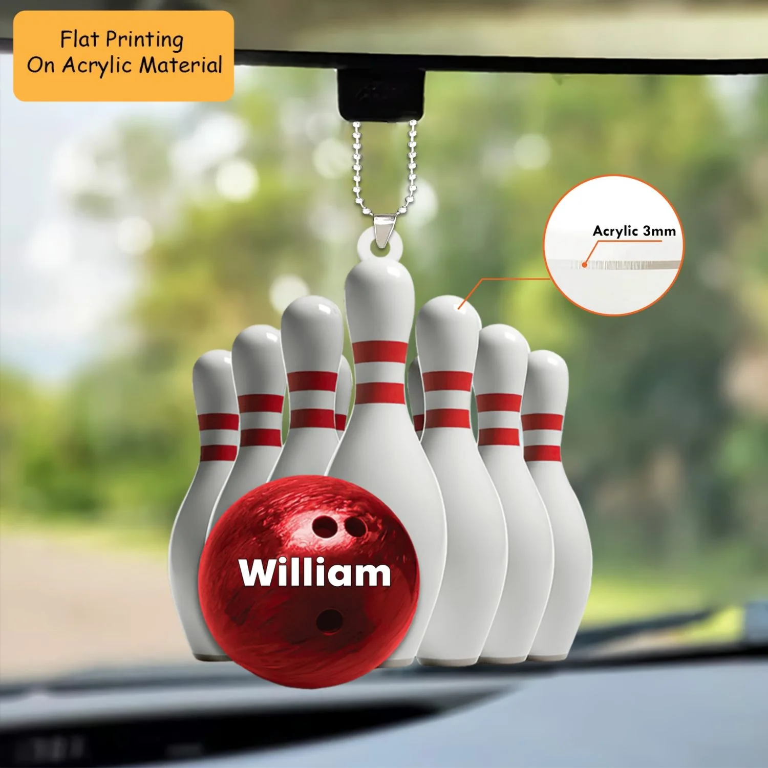 Personalized Bowling Ball Holding Pins Acrylic Ornament, Bowling Keychain, Car Ornament, Christmas Ornament Gifts - Image 2