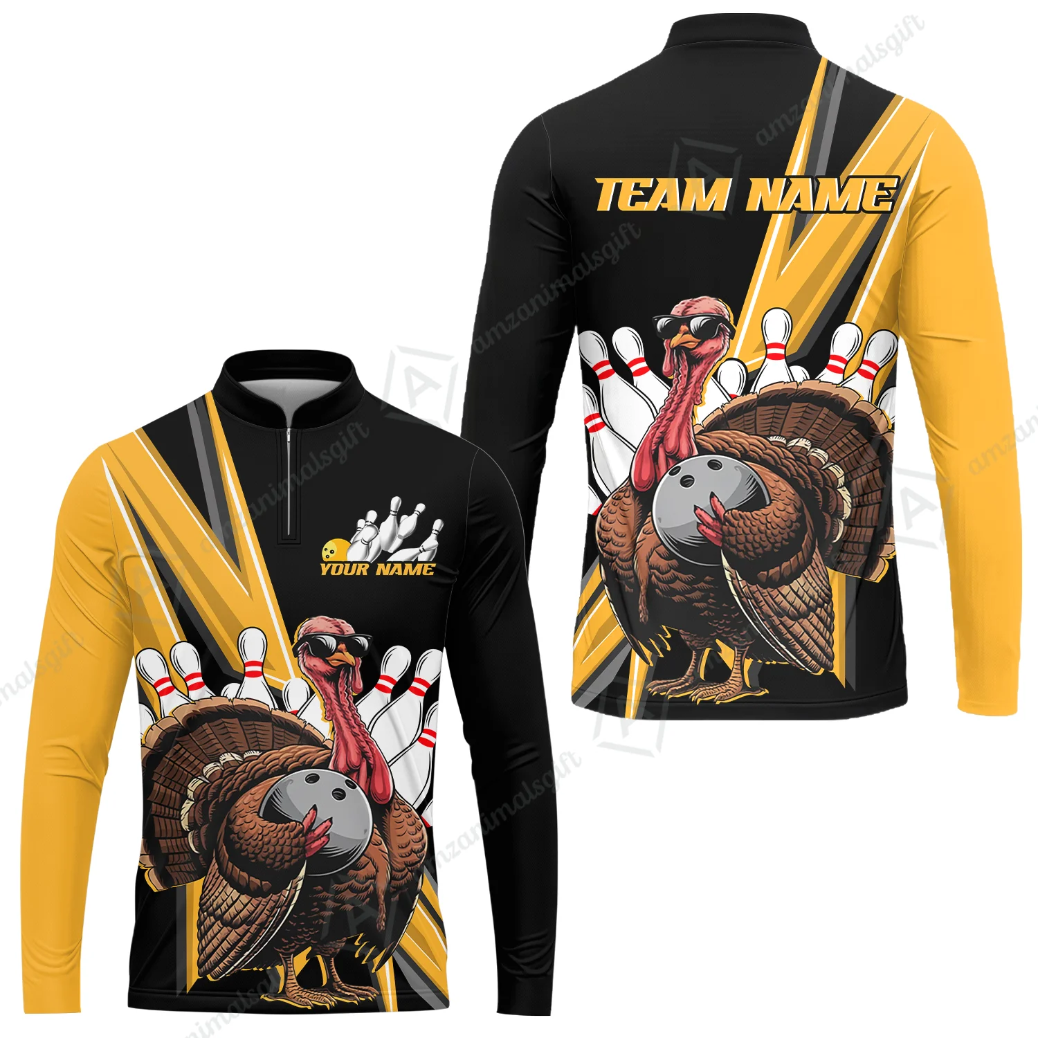 Personalized Bowling Black And Red Awesome Turkey Long Sleeve Jersey Shirt , Thanksgiving Bowling Uniforms With Name, Team Name - Image 2