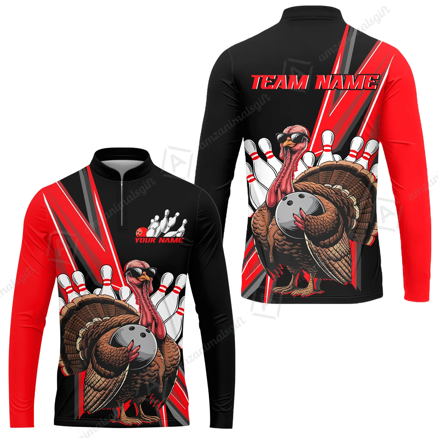 Personalized Bowling Black And Red Awesome Turkey Long Sleeve Jersey Shirt , Thanksgiving Bowling Uniforms With Name, Team Name - Image 3