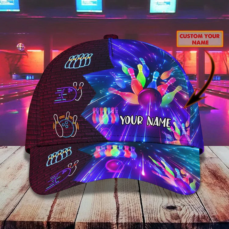 Personalized Bowling Classic Cap, Bowling Colorful Neon Pattern Cap Hat For Team Men Women Bowlers HN18