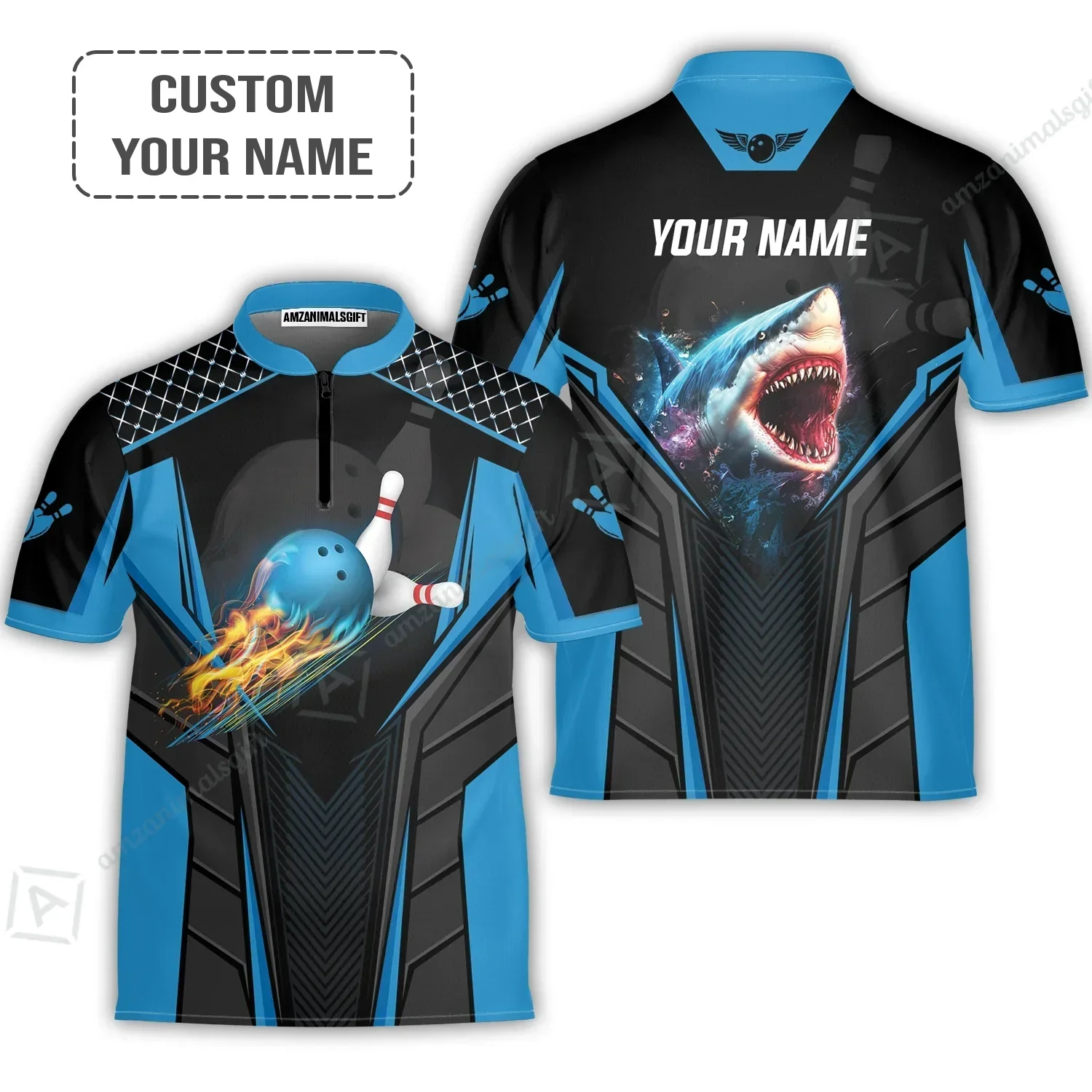 Personalized Bowling Hoodie, Shark Team Blue Bowling Ball Customized Shirt For Friend, Family, Bowling Players - Image 4