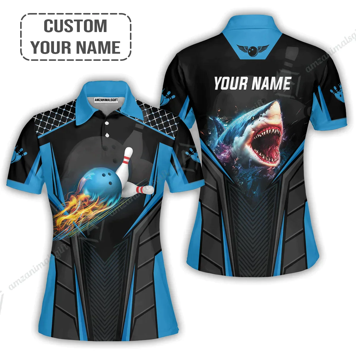 Personalized Bowling Hoodie, Shark Team Blue Bowling Ball Customized Shirt For Friend, Family, Bowling Players - Image 5
