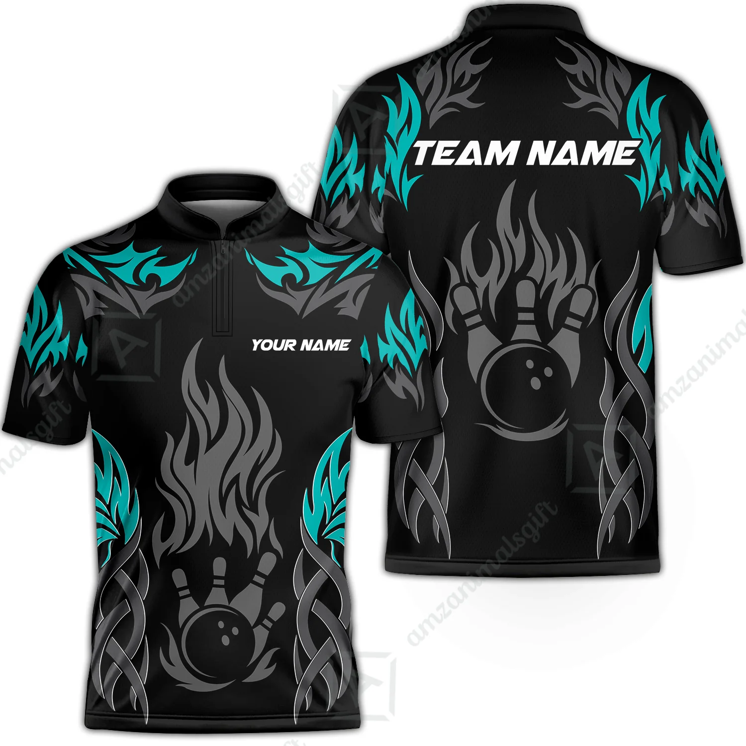Personalized Bowling Jersey, Tribal And Bowling Flame Multi Option Customized Stand Collar Quarter-Zip Shirt - Black - Image 4