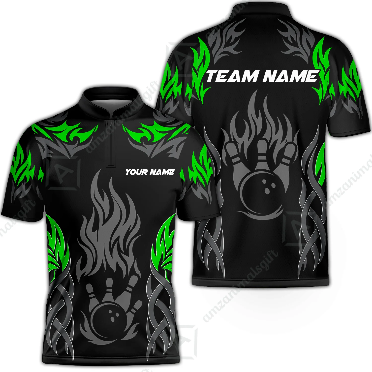 Personalized Bowling Jersey, Tribal And Bowling Flame Multi Option Customized Stand Collar Quarter-Zip Shirt - Black - Image 6