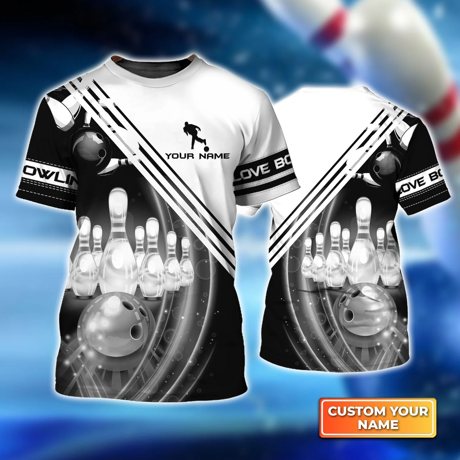 Personalized Bowling Kid Youth T-Shirt, Black And White Bowling The Pins And Ball Children's Shirt For Son, Daughter, Family