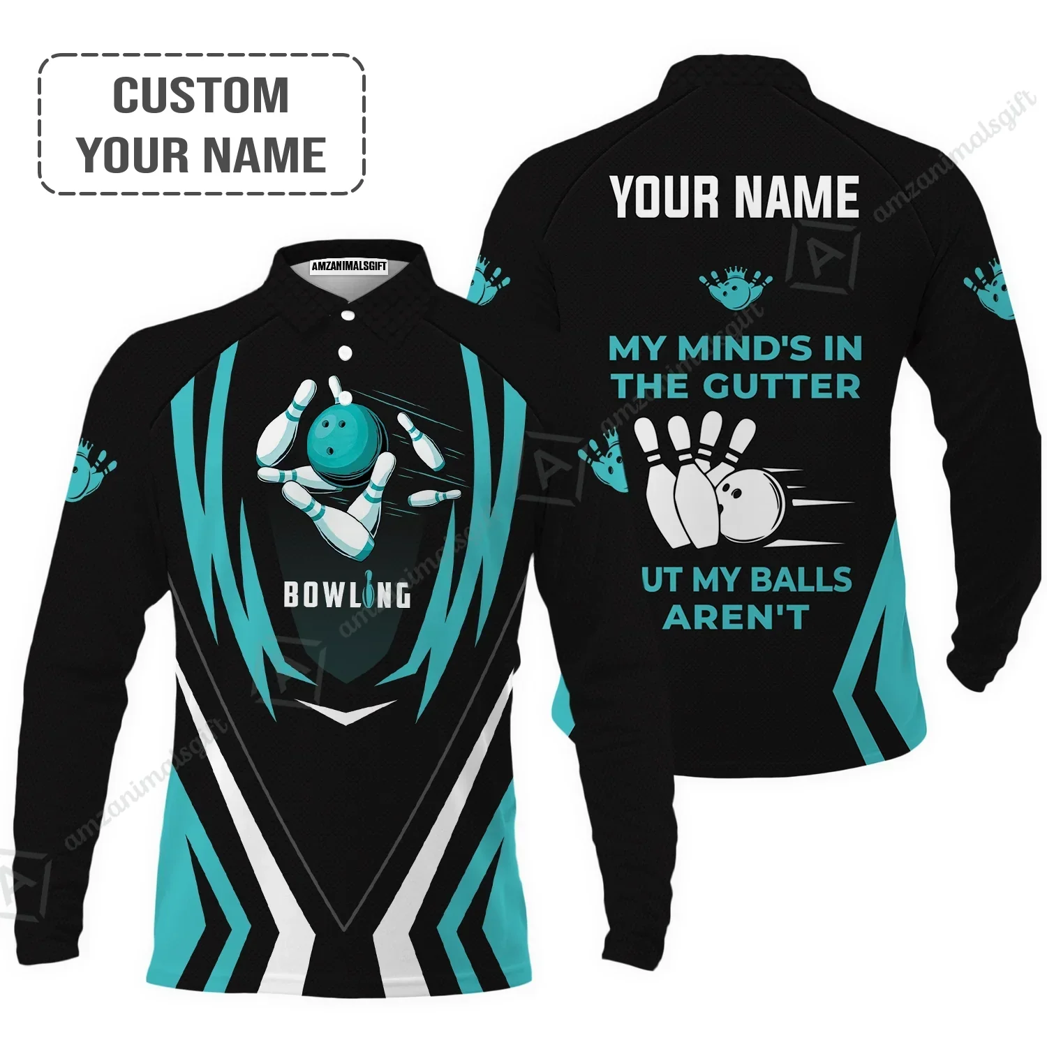 Personalized Bowling Long Polo Shirt, Light Blue Bowling Customized Shirt My Mind's In The Gutter For Friend, Family, Bowling Lovers - Image 2