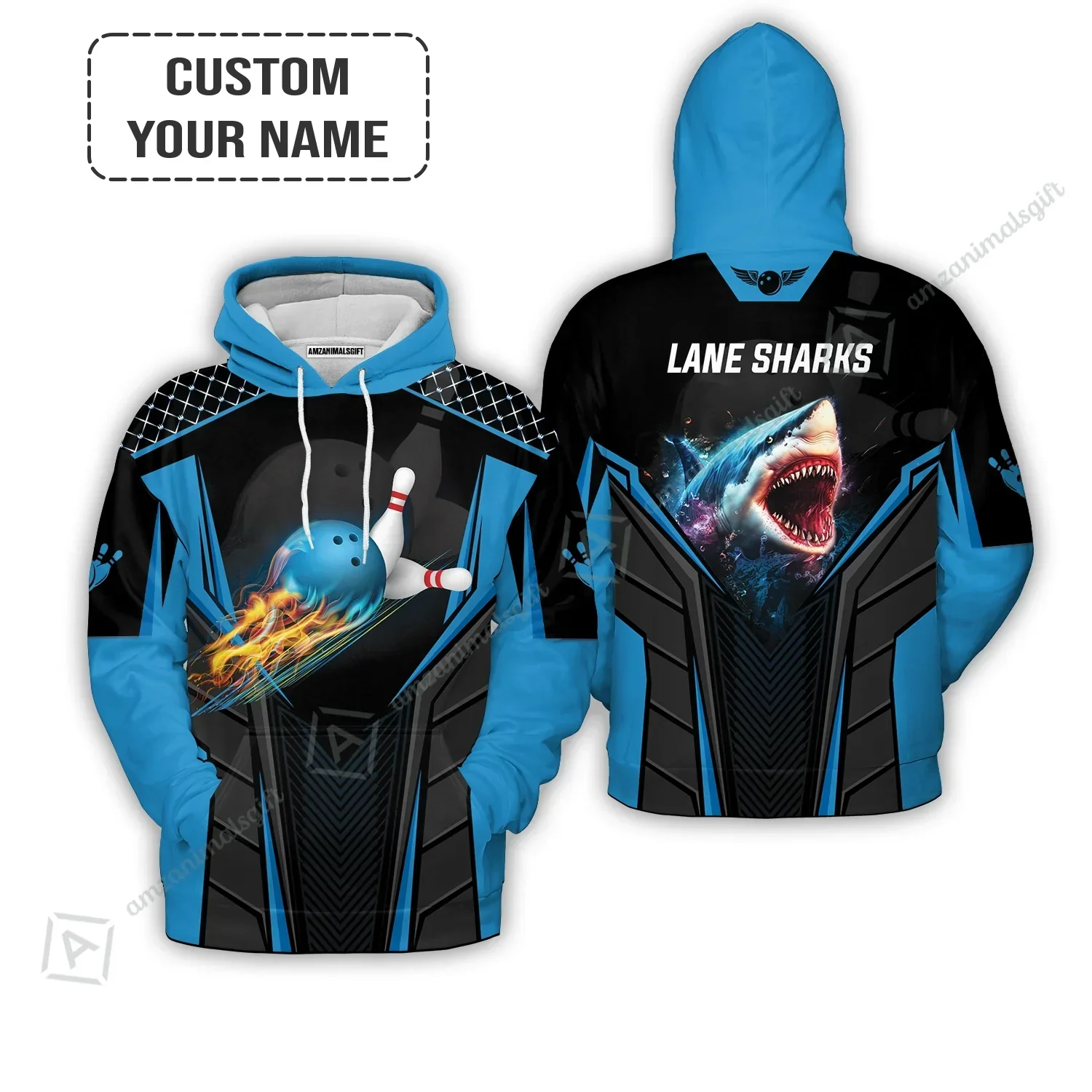 Personalized Bowling Long Sleeve Polo Shirt, Shark Team Blue Bowling Ball Customized Shirt For Friend, Family, Bowling Players - Image 6
