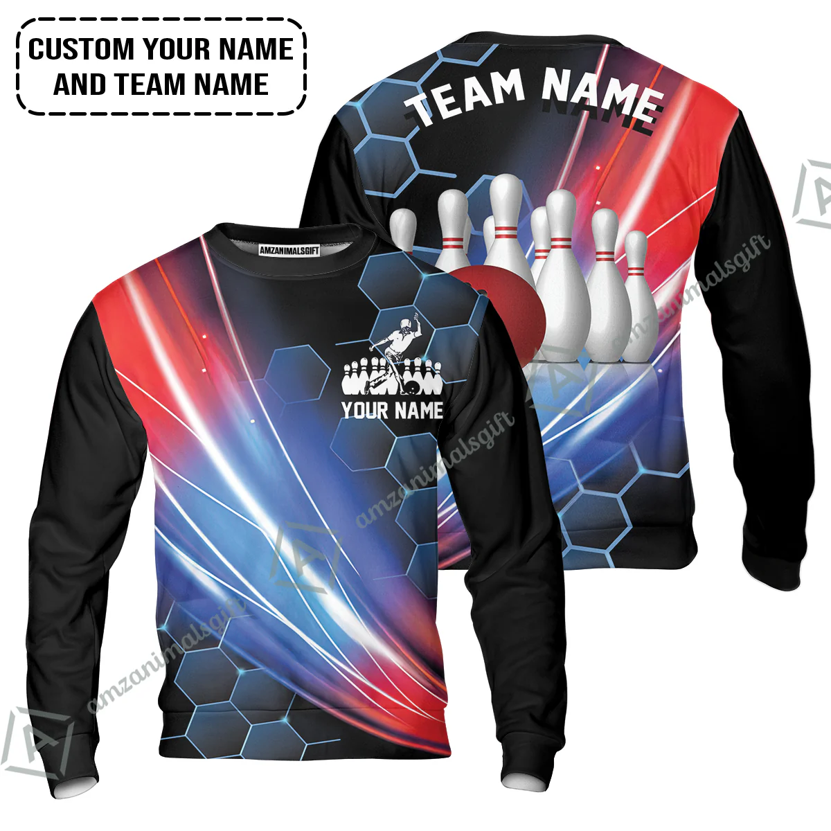 Personalized Bowling Men Sweatshirt - Custom Name,Team Name Honeycomb Pattern Bowling Sweatshirt For Men & Women Bowling Lover - Image 2