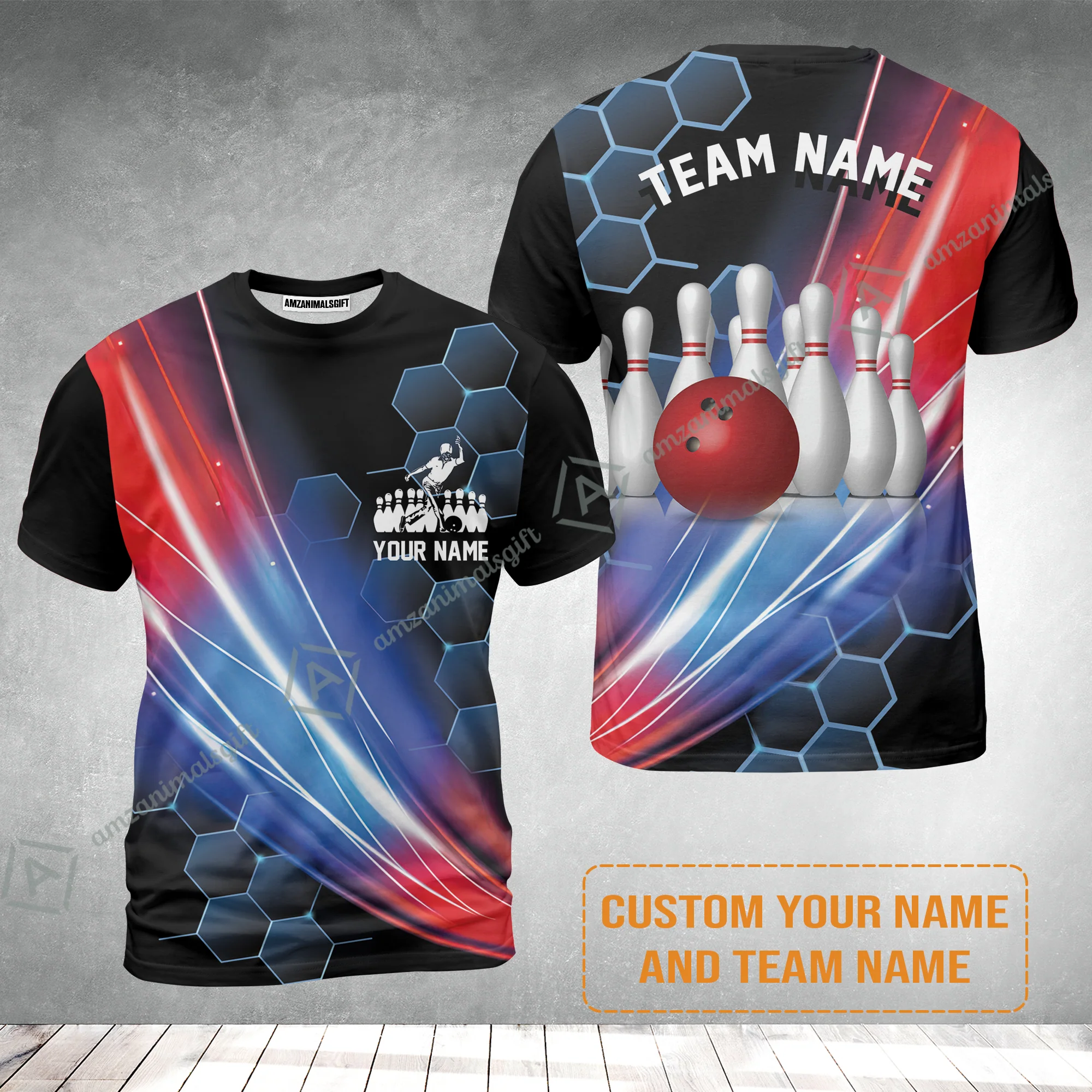 Personalized Bowling Men T Shirt - Custom Name & Team Name Honeycomb Pattern Bowling T Shirt For Men & Women Bowling Lover