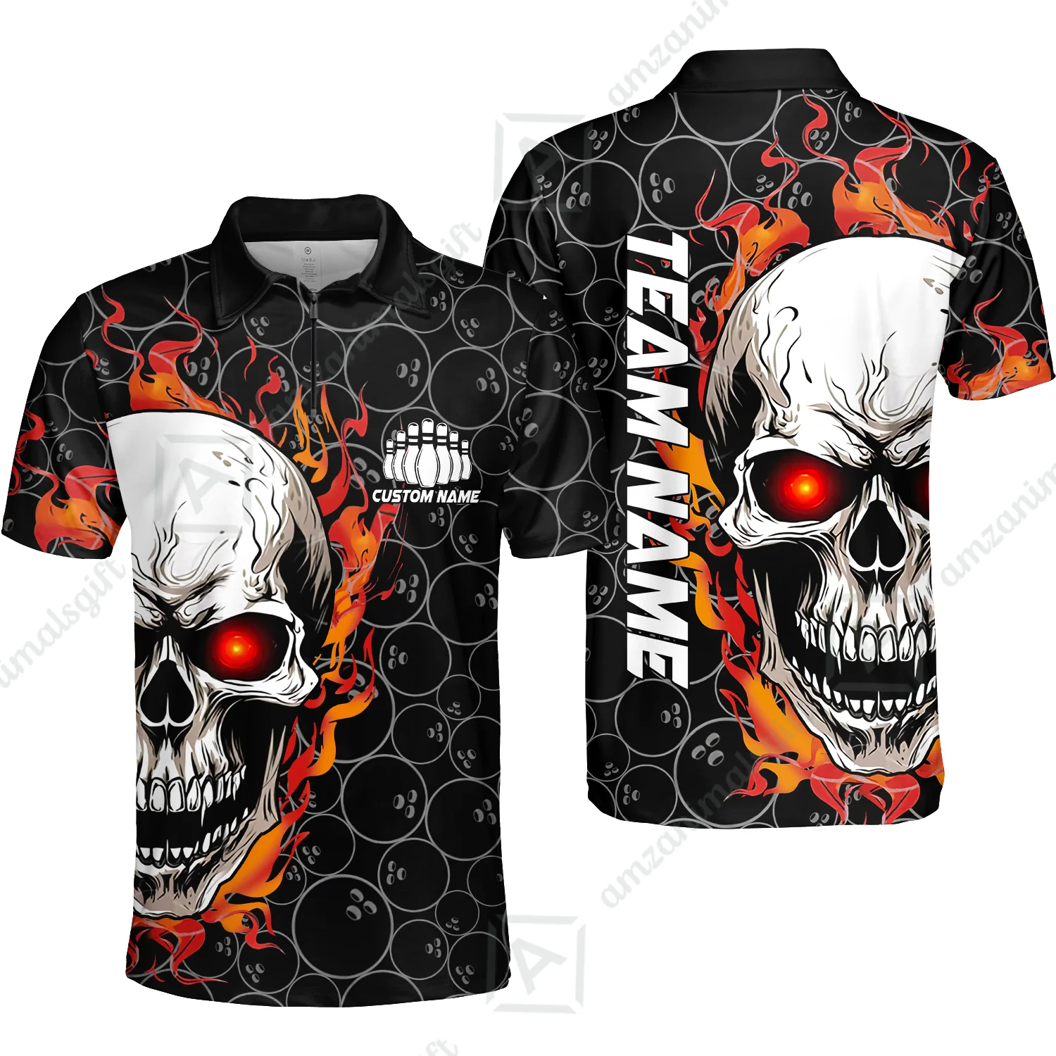 Personalized Bowling Unisex Polo Shirt, Green Flaming Skull Shirt For For Team Men Women Bowlers - Image 16