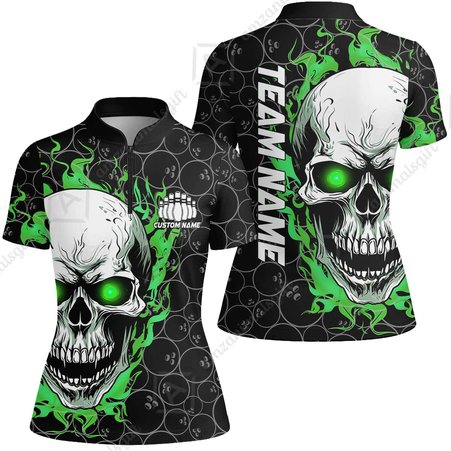 Personalized Bowling Unisex Polo Shirt, Green Flaming Skull Shirt For For Team Men Women Bowlers - Image 25