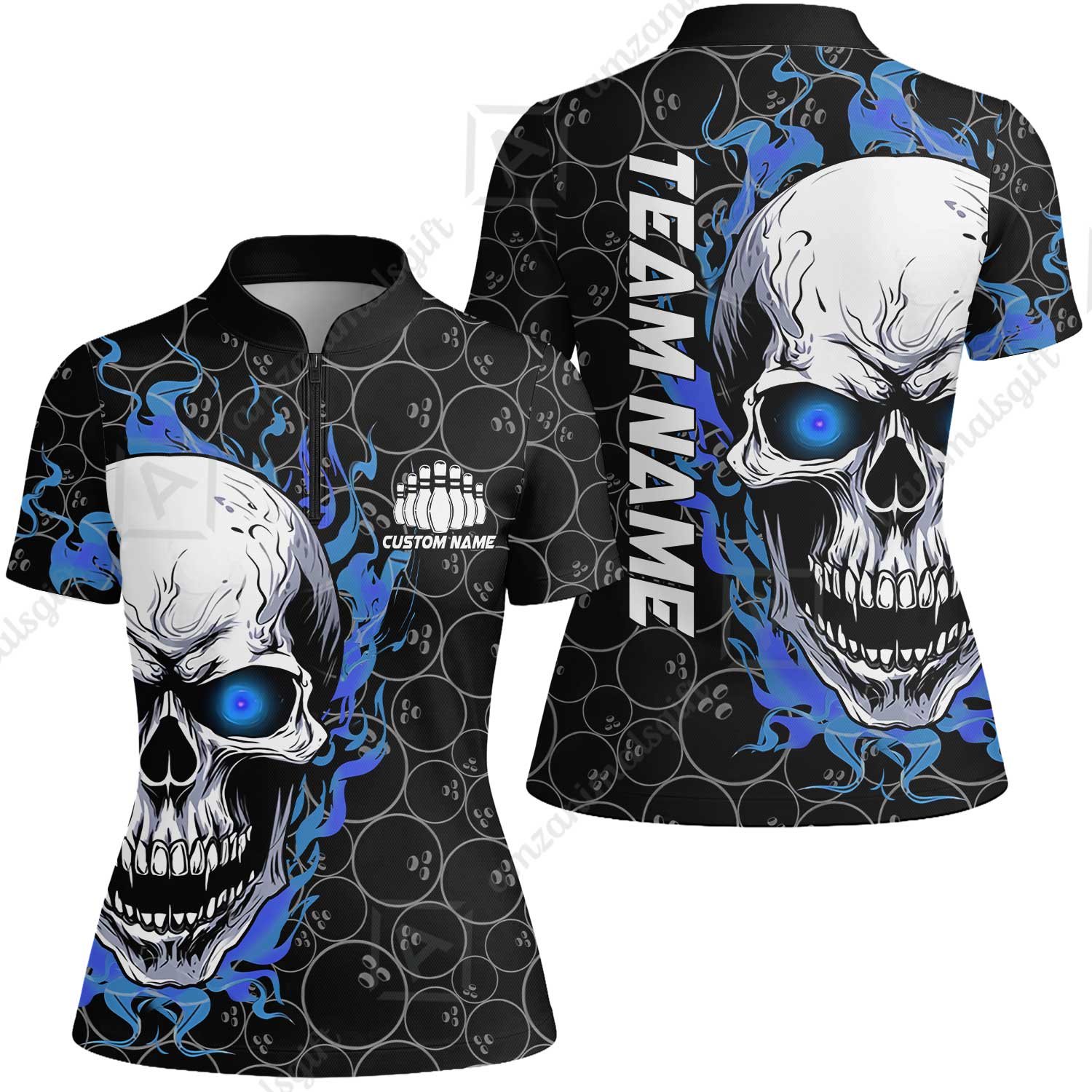 Personalized Bowling Unisex Polo Shirt, Green Flaming Skull Shirt For For Team Men Women Bowlers - Image 26
