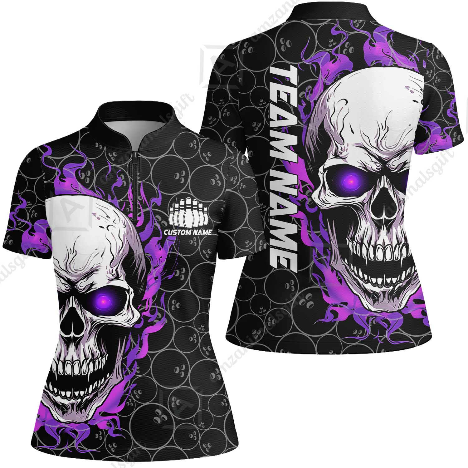 Personalized Bowling Unisex Polo Shirt, Green Flaming Skull Shirt For For Team Men Women Bowlers - Image 27
