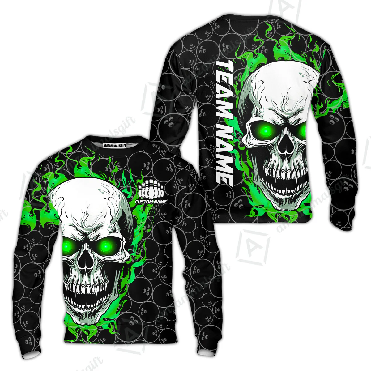 Personalized Bowling Unisex Polo Shirt, Green Flaming Skull Shirt For For Team Men Women Bowlers - Image 45